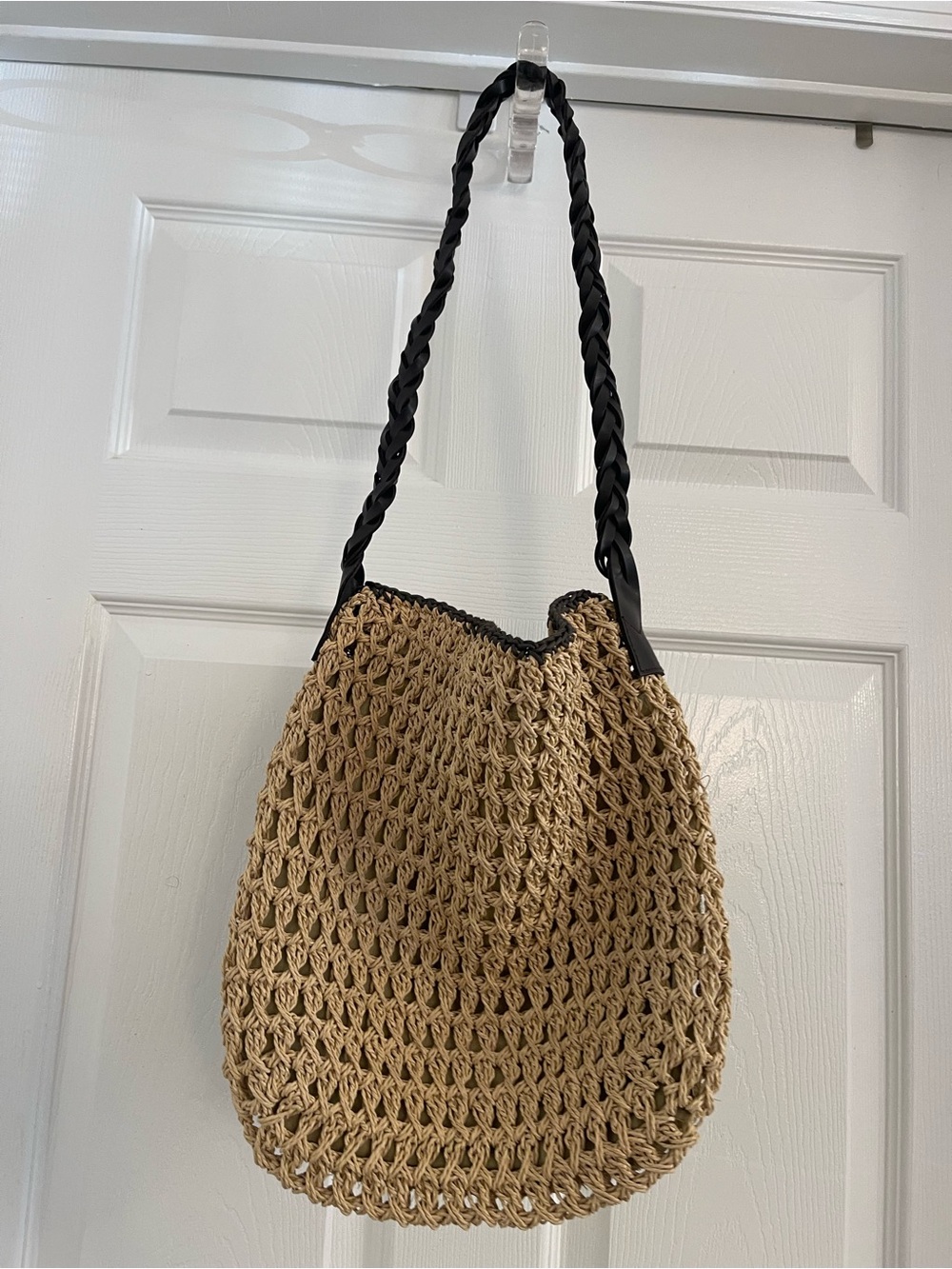 Straw Studios Braided-Handle Woven Shoulder Bag in Tan and Black